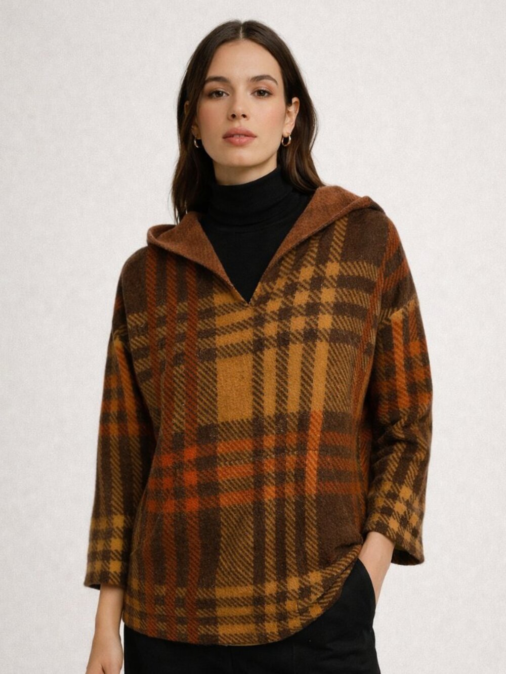 Toad&Co 100% Non-Mulesed Wool Hooded Poncho Sweater Plaid Brown Orange M